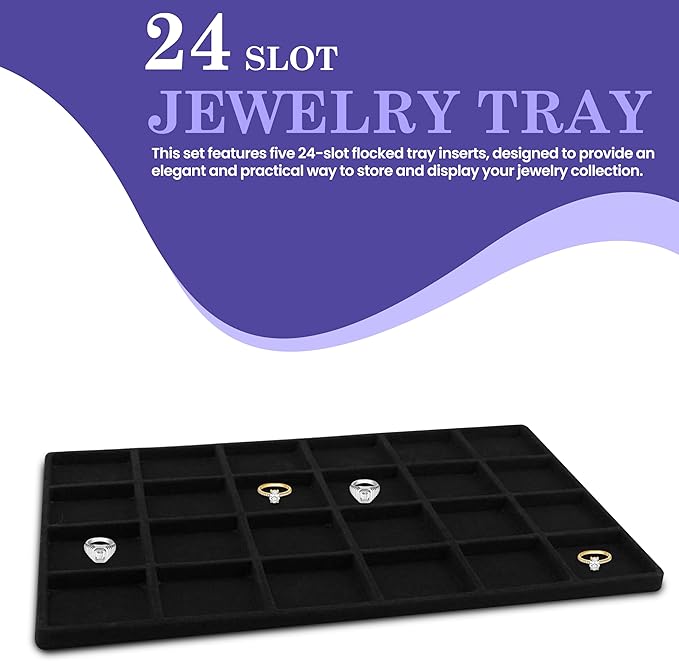 Novel Box 5 Pack 24-Slot Black Liner Jewelry Storage Tray Inserts 14.75x8.25x1 Inches - Jewelry Organizer Pad for Drawers & Store Displays - Jewelry Display Pads for Rings Earrings & Pendants