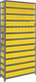 Quantum 1275-501YL Heavy Duty Shelving Unit with (13) Shelve and (108) QED501 Yellow Bins for Garage Warehouse Storage Distribution | 400 lb Load Capacity | 12"D x 36"L x 75"H, Galvanized Carbon Steel
