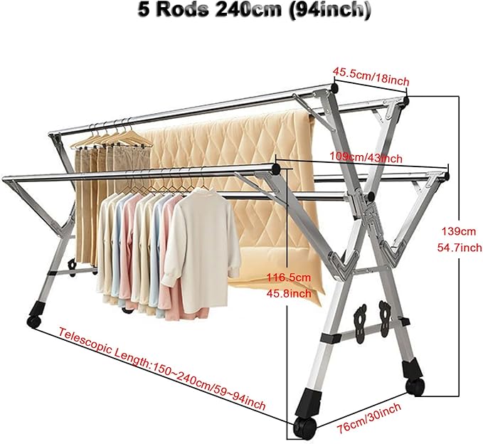 Adjustable 5-Bar Clothes Drying Rack, Foldable Stainless Steel Laundry Stand with Lockable Wheels, Extendable from 59 to 94.5 Inches,for Clothes, Shoes, and Bedding