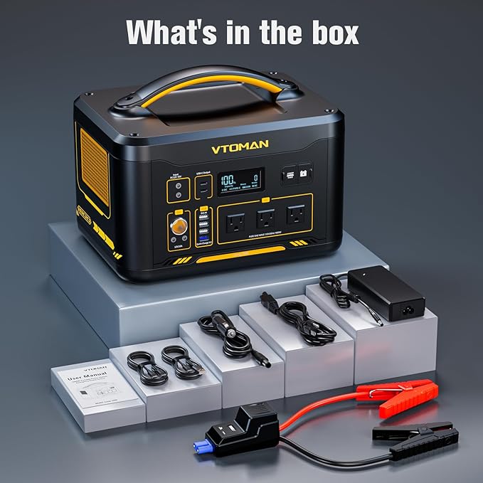 VTOMAN Jump 1800 Portable Power Station with Jumper Cables, 1548Wh LiFePO4 Battery Solar Generator & Car Jump Starter, 1800W 3xAC Outlets, 2xPD 100W Type-C, Large Capacity for Camping Roadside Rescue