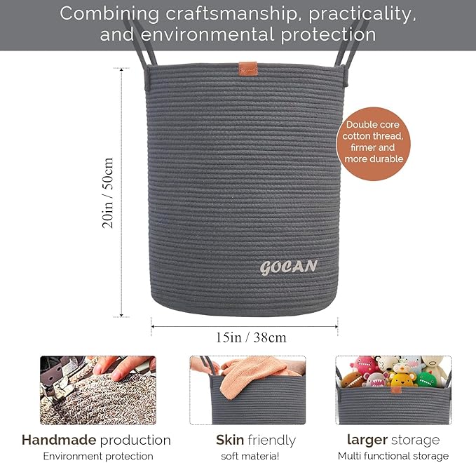 large tall sturdier Laundry Hamper Basket Woven Storage Baskets for clothes Pillows Blanket Toy in living or bed room decoration H50XD38cm darkgrey
