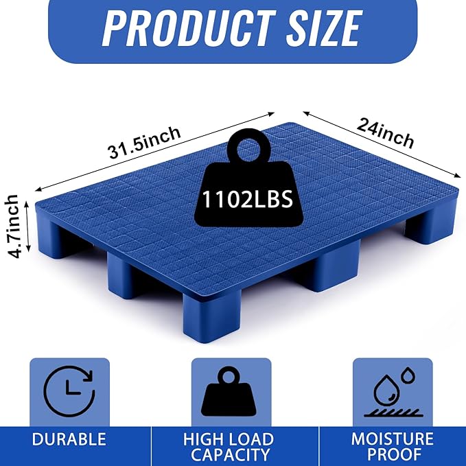2 Pcs Plastic Pallet for Basement Storage Easy Stack Lightweight Floor Pallet Display Flooring Room Supermarket Christmas, Support up to 2000 Lbs (31.5'' L X 24'' W X 4.7'' H,Blue)