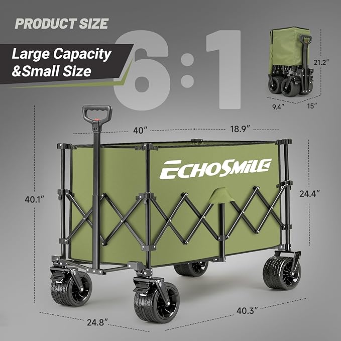 EchoSmile Collapsible Foldable Extended Wagon with 500lbs Weight Capacity, 300L Folding Utility Wagon Cart with Big All-Terrain Wheels for Beach,Sport,Gargen&Grocery,Green