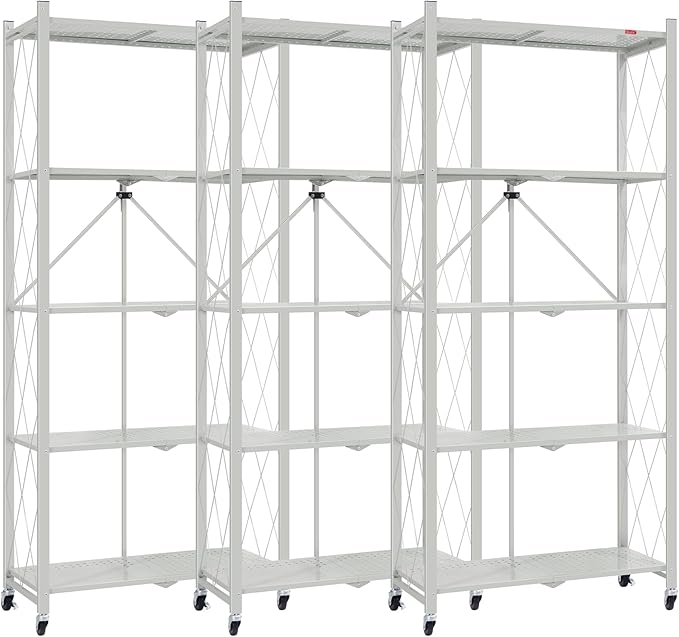 DEANIC 5 Tier Foldable Storage Shelves with Wheels, Large Capacity Shelving Unit, Freestanding Metal Wire Shelf Rack, No Assembly Organizer Rack for Garage Kitchen, Basement, Pantry(Grey Pack of 3)