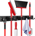 SLIIMU Movable 15'' Broom and Mop Holder Wall Mount with Sliding 3 Racks 4 Hooks, Storage Organizer Wall Hanger, Cleaning Tool Hanging Grippers for Kitchen Bathroom Garden Garage Laundry Home Closet