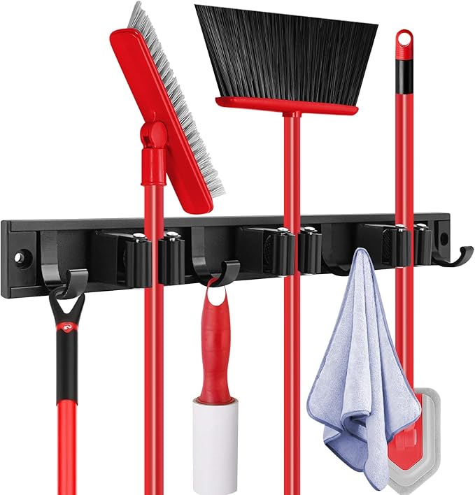 SLIIMU Movable 15'' Broom and Mop Holder Wall Mount with Sliding 3 Racks 4 Hooks, Storage Organizer Wall Hanger, Cleaning Tool Hanging Grippers for Kitchen Bathroom Garden Garage Laundry Home Closet