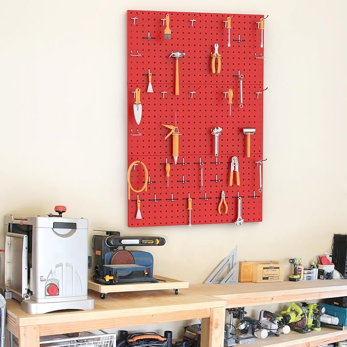 TORACK 3 PCS Metal Pegboard Panels(12x24 inch) for Wall Garage Tools Storage Pegboard System for Workbench, Modular Peg Board Tool Organizer Board Kit(Pack of 3, Red)