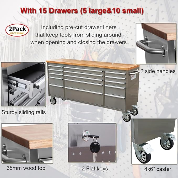 2 Pack - 72" Stainless Steel Rolling Tool Chest with 15 Drawers, Lockable Storage Cabinet, Mobile Workbench, Assembled Large Tool Box with Wheels for Garage Workshop (2 × HTC7215W1)