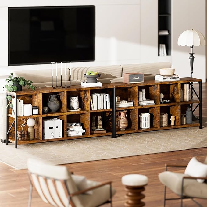 otlectics 2-Tier Bookcase with 8 Cubes, 63 Inch Industrial Horizontal Bookshelf, Home Office Storage Cabinet Organizer with Metal Legs, Rustic Brown