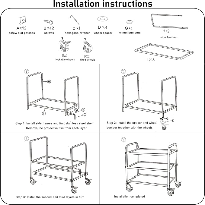 uyoyous 3 Tier Stainless Steel Utility Cart Commercial Serving cart with 360°Rotation Wheels Kitchen Island Load Up 400 lbs Stainless Steel Work Cart for Hotel Restaurant Home 30" L x 16" W x 33" H