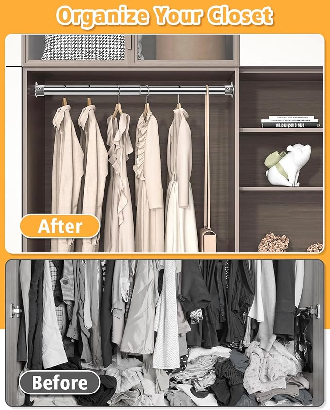 Closet Rod, 17 to 52 Inch Heavy Duty Adjustable Metal Clothing Rack for Hanging Clothes, Closet Poles for Wardrobes, Laundry, Durable Steel, Silver