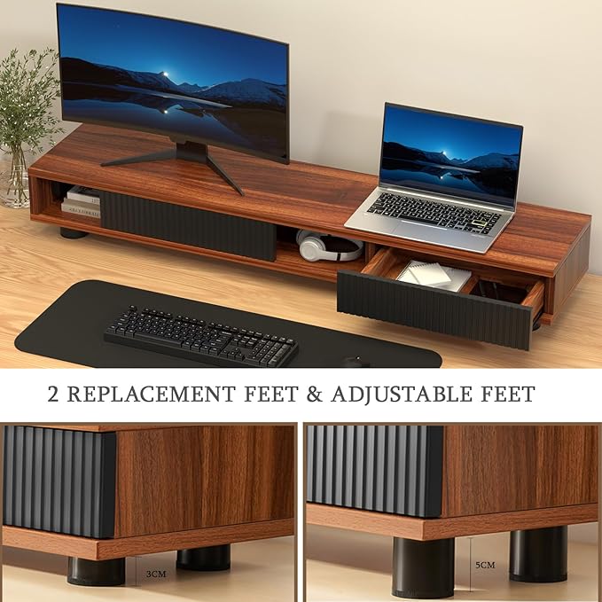 Artswish Dual Monitor Riser with Power Outlet, 42 Inch Wood Monitor Stand for 2 Monitors with Drawer Storage, Computer Monitor Stand Riser with Adjustable Feet, Double Monitor Stand Desk Shelf, Walnut