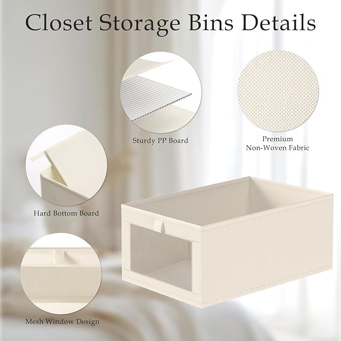 Criusia Closet Organizers and Storage, 4 Pack Linen Closet Baskets with Mesh Window for Organization, Foldable Closet Organizer for Clothing, Towels, Toys, Nursery, Books, Shelves, Beige
