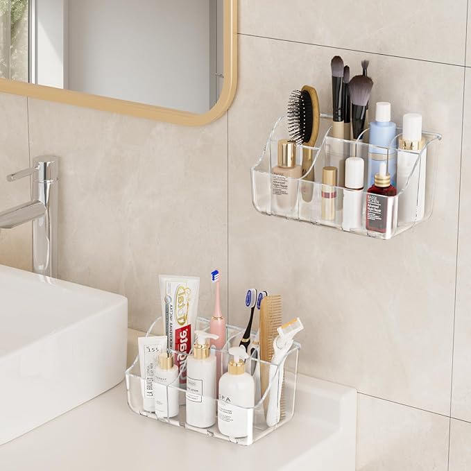 Clear Toothbrush Holders for Bathroom Organizers and Storage, Wall-Mounted Tooth Brush Holder and Toothpaste Holder for Bathroom Wall, Countertop - Bathroom Accessories, 2 Packs