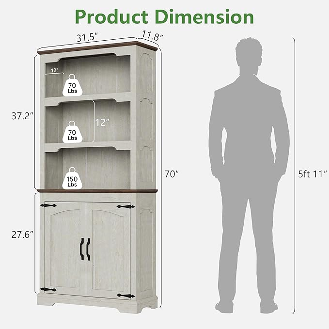 70 Inch Farmhouse Bookcase, Distressed White and Walnut Two-Tone Shelves, 5 Tier Bookshelf with Arched Trim Doors, Living Room Storage Cabinet Unit, 31.5x11.8 Inches (Off White&Walnut, Doors Storage)