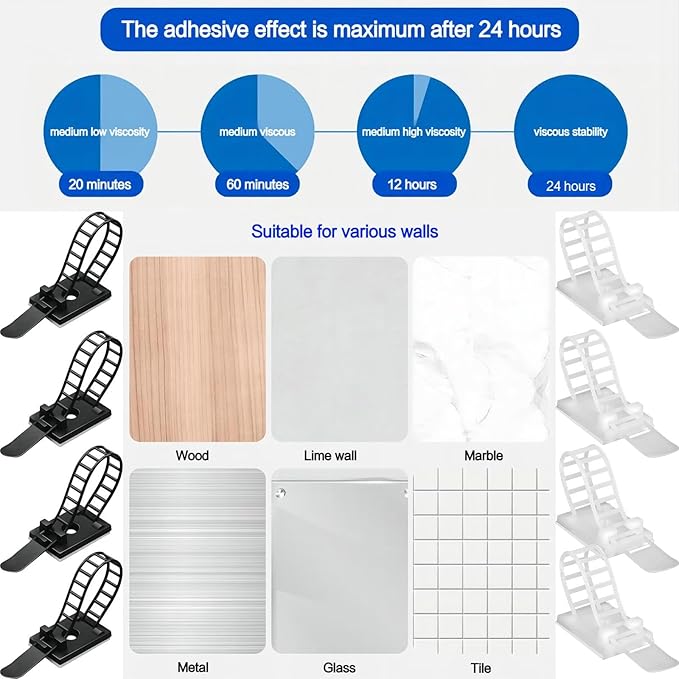 Adjustable 3M Adhesive Cable Management Clips 100Pcs, Large self Adhesive Cable Ties Clips ，Suitable for Cable Management Under desks and on Walls(White)
