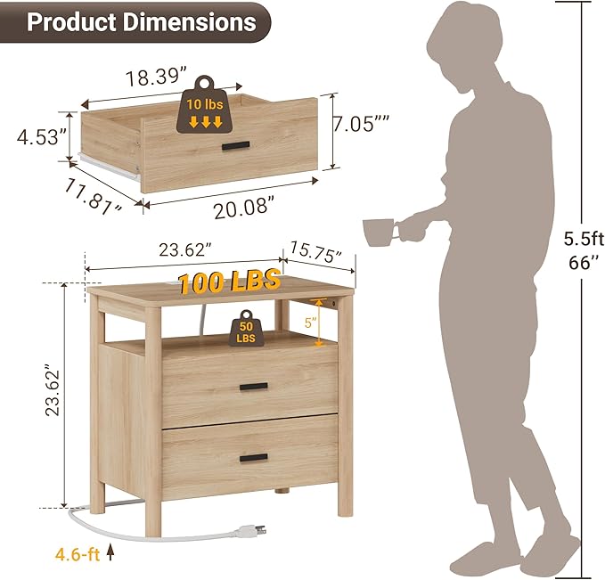 Night Stand with Charging Station, 24" Large Modern Side Table with Solid Round Post Legs, 2 Drawers End Table with Open Shelf, Nightstand with Storage for Bedroom, Natural Oak