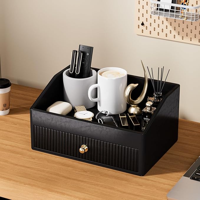 Desk Accessories,Black Vegan Leather Desk Organizers with 1 Draw & Tray,Remote Control Holder with Gold-Tone Metal Accents Knob for End Tables,Bedside Table,Bedroom