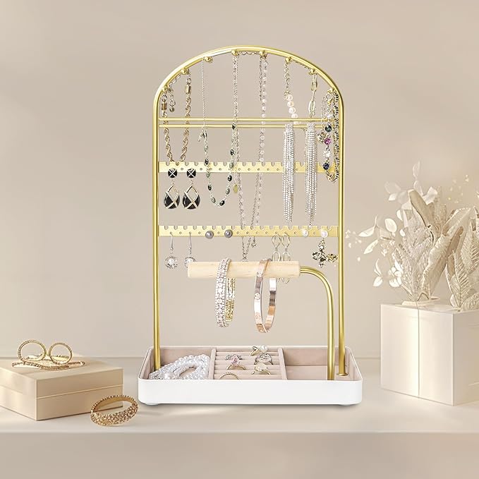 Multi-Functional Jewelry Holder Organizer Necklace Display Stand Velvet Lined Bar for Rings 2 Tier with 18 Hooks, 32 Earring Holes - Sturdy and Durable, Easy Organization White & Gold