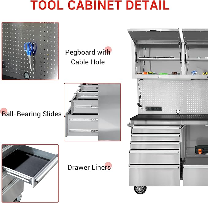 CT Copper Tailor 72-Inch Rolling Tool Chest with 11 Drawers & 4 Cabinets, Pegboard, Power Strip,LED Light,Mobile Workbench for Garage,Workshop,Stainless Steel
