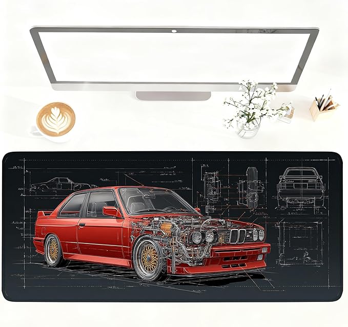Retro Car Blueprint Mouse Pad – Large Extended Desk Mat 35.43 x 15.75 in – Classic Red Tuner Car Cutaway with Engine Diagram, Waterproof Surface, Non-Slip Rubber Base, Keyboard & Mouse Pad