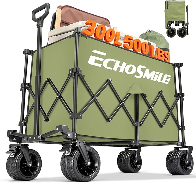 EchoSmile Collapsible Foldable Extended Wagon with 500lbs Weight Capacity, 300L Folding Utility Wagon Cart with Big All-Terrain Wheels for Beach,Sport,Gargen&Grocery,Green