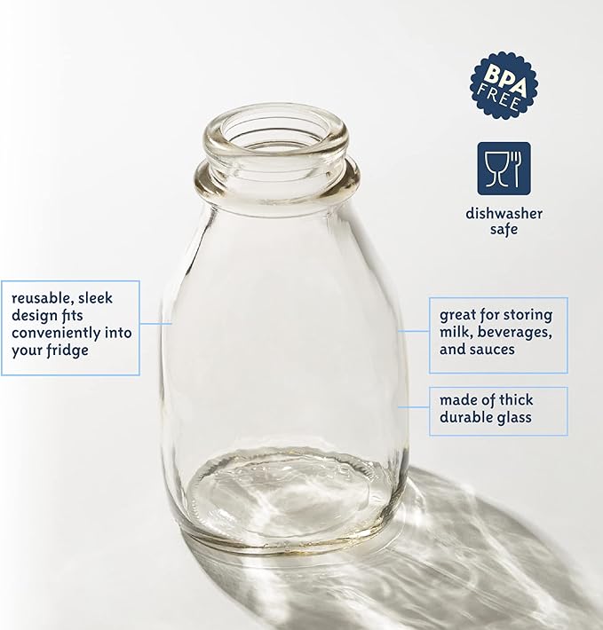 kitchentoolz 16 Oz Glass Milk Bottle with Lid - 16 Ounce Short and Wide Glass Milk Container for Refrigerator with Tamper Proof Lid and Pour Spout - Pack of 2