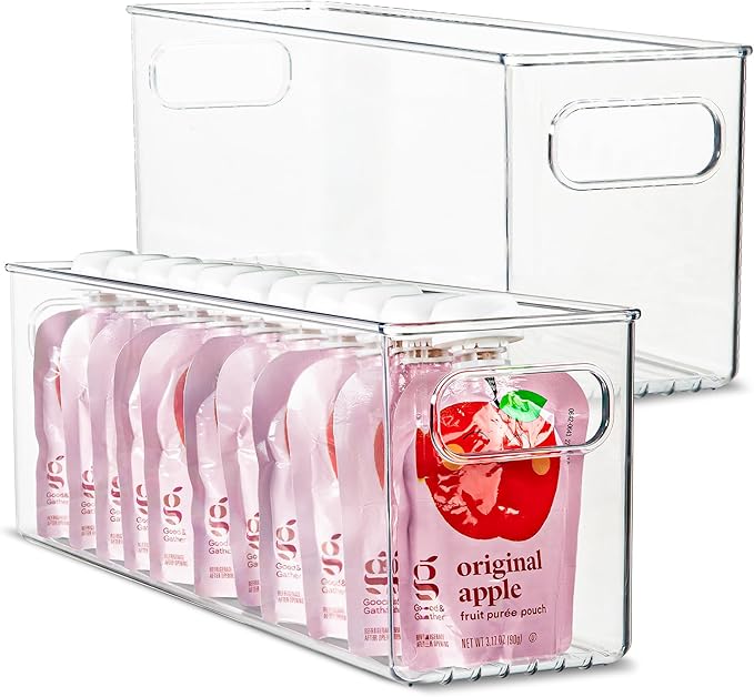 primebox Plastic Food Storage 2 Pack Clear Container Bin with Handles for Organizing Kitchen, Pantry, Refrigerator, Freezer, Pantry, Cabinet, Closet, Bathroom. 14”x4”x5”