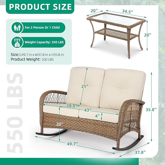 VIVIJASON Outdoor Wicker Loveseat Rocking Chair with Coffee Table, 2-Person Patio Rattan Rocker Sofa Set with Thick Cushions, All-Weather Loveseat Rocker for Porch, Backyard & Garden