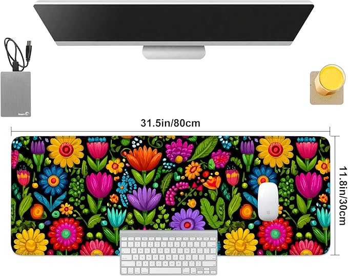Folk Art Floral Mouse Pad – Large Extended Desk Mat 31.5 x 11.8 in– Colorful Boho Flowers on Black Background, Waterproof Surface, Non-Slip Rubber Base, Oversized Mouse & Keyboard Pad