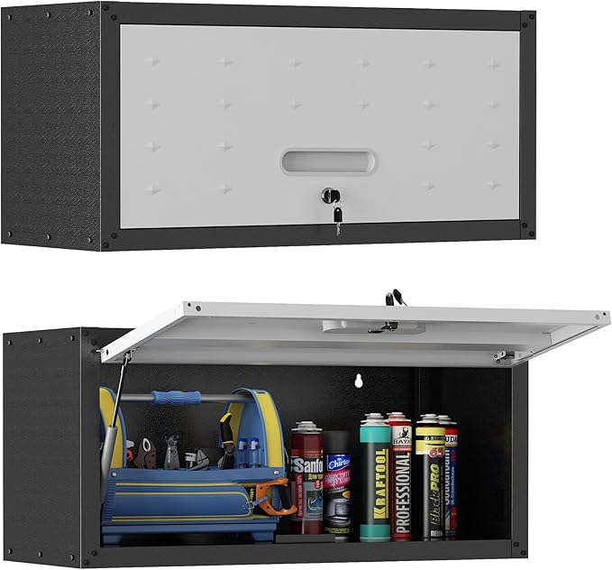 Metal Tool Cabinet,Garage Storage Cabinet System,Wall Cabinet & Locking Rolling Tool Cabinet with Doors and Adjustable Shelves,Steel Tool Cabinets for Home (2 Pcs-StyleAA, Black & Grey)