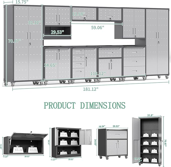 Metal Tool Cabinet,Garage Storage Cabinet System,Wall Cabinet & Locking Rolling Tool Cabinet with Doors and Adjustable Shelves,Steel Tool Cabinets for Home (10 Pcs-StyleA, Black & Grey)