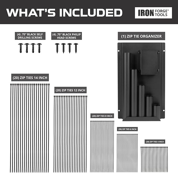 Iron Forge Tools Zip Tie Holder, Cable Tie Organizer for Enclosed Trailer Storage, Work Truck, Race Trailer & Garage Organization. Wall Mounted, Black Powder Coated Steel, Includes Mounting Hardware