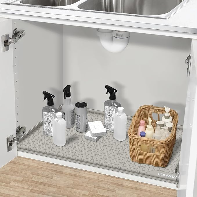 Under Sink Mat, 34" x 22" Waterproof Silicone Under Sink Tray for Kitchen & Laundry Cabinets, Kitchen Cabinet Shelf Protector, Up to 3.3 Gallons Liquid, Fits 36 inch Standard Cabinet(Grey)