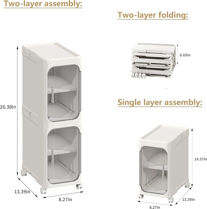 2-Tier Tall Narrow Storage Cabinet, Slim Bathroom Storage Cabinet with Adjustable Shelves and Wheels, Narrow Organizer for Small Space, Bathroom, Kitchen, Laundry