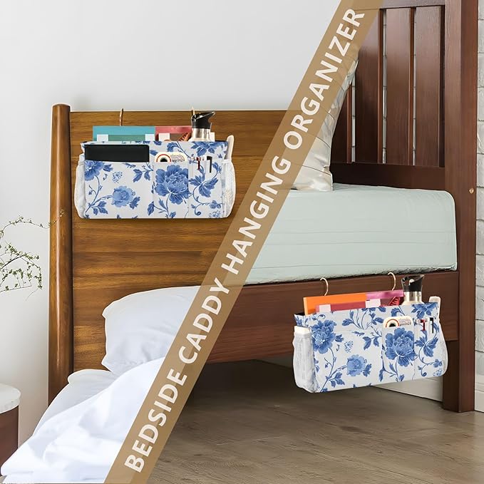 Flowers Blue and White Pattern Bedside Caddy for Dorm Bed Bedside Hanging Caddy Bag Iron Frame Storage Organizer Pocket for Bunk Home College Hospital Beds 2 Hooks