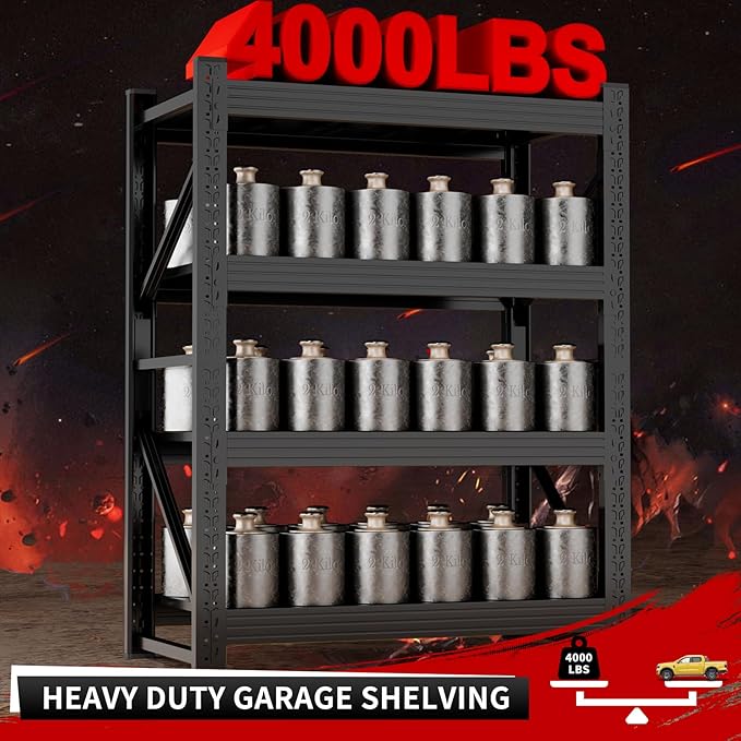 4000LBS Garage Storage Shelves, 47" W Garage Shelving Heavy Duty Adjustable Shelving Unit, 4 Tier Metal Utitly Shelves Industrial Shelving for Warehouses,Basement,Black