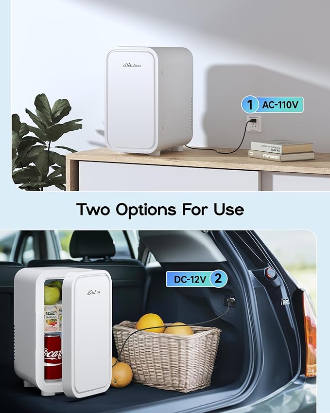 Mini Fridge,6 Liter / 8 Can Small Fridge for Bedroom, Car, Office & Dorm, 110V AC/DC Portable Thermoelectric Cooler & Warmer for Skincare, Food, Drinks, White