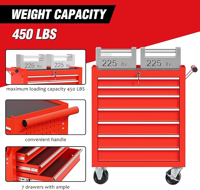 Rolling Tool Chest with 7-Drawer Tool Box with Wheels,31"x 24.4"x 13" Multifunctional Tool Cart Mechanic Tool Storage Cabinet for Garage, Warehouse, Workshop, Repair Shop