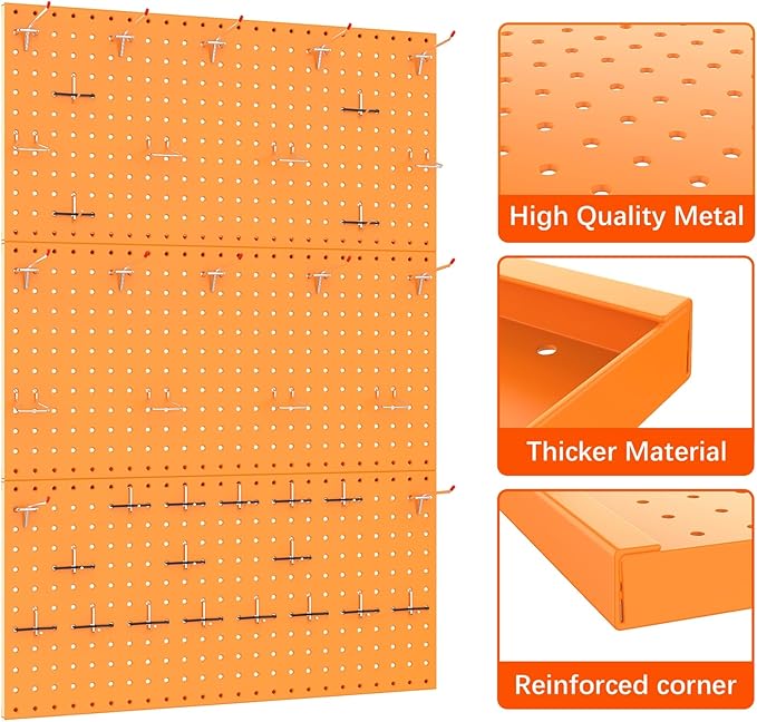 TORACK 3 PCS Metal Pegboard Panels(12x24 inch) for Wall Garage Tools Storage Pegboard for Workbench, Modular Peg Board Tool Organizer Board Kit(Pack of 3, Orange)