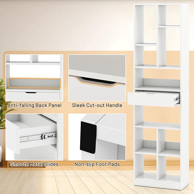 Tangkula 71” Tall Bookcase with Drawer, Modern Bookshelf with 10 Open Cubes, Floor Standing Display Rack Storage Cabinet with Anti-Tipping Kits for Living Room, Study, Office (1, White)