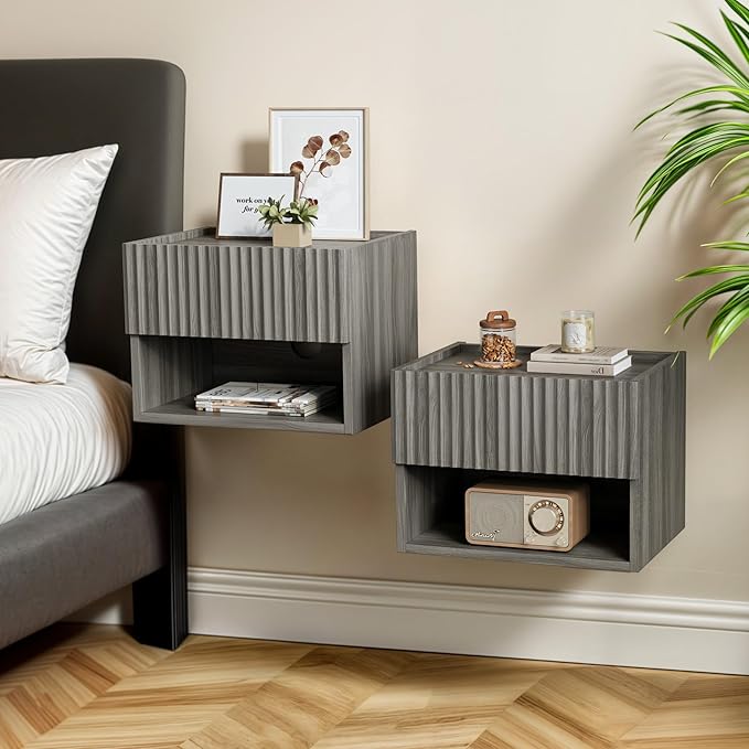 Floating Nightstand Bedroom Bedside Table - Floating Night Stand Set of 2 with Storage Drawer, Wood Morden Wall Mounted Bedside Tables for Dorm Hallway Entryway