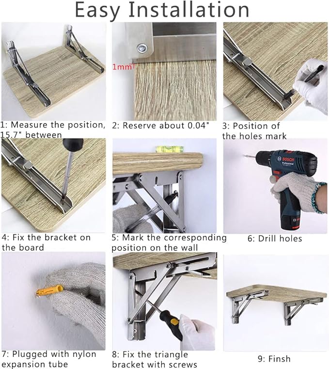 Folding Shelf Brackets, Max Load 300 lb, Heavy Duty Stainless Steel Collapsible Wall Mounted Shelf Brackets for Table, Space Saving DIY Bracket, Pack of 2 (2, Foldable 12")
