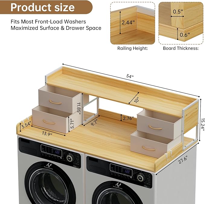 4 Drawers Washer Dryer Countertop with Shelf, 27.5" D x 54" W Laundry Topper with 3.54" High Guardrails and Non-Slip Pads,Extra Storage Organizer for Over Washer and Dryer, Holds 66 Lbs,Light Oak