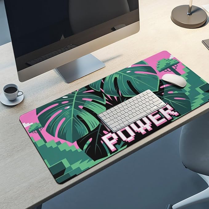 Pixel Plant Power Large Mouse Pad, Cool Gaming Desk Mat, XXL Keyboard Desk Pad Mat for Desktop, 35.4"x15.7" Non-Slip Base Big Mousepad with Stitched Edges