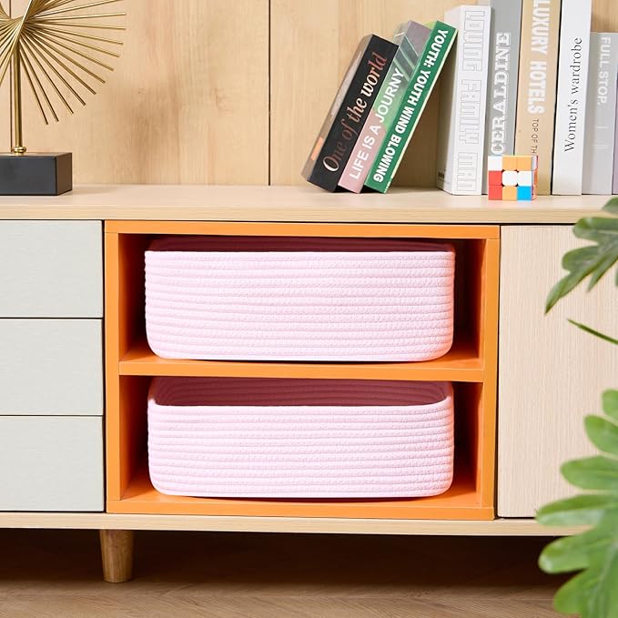 Large Shallow Organizing Baskets 15x11x5.1 Inches - Rope Woven Storage Bins for Bathroom, Shelves, Cube Closet, Light Pink 4 Packs
