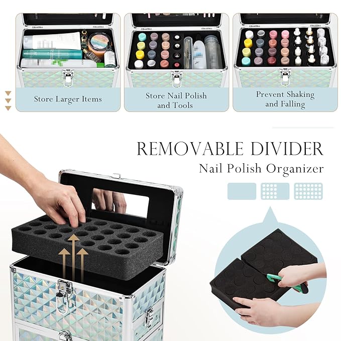 FRENESSA Extra Large Makeup Organizer Case Cosmetic Box Storage with Drawer Mirror Nail Manicure Accessory Organizer With Dividers Travel Nail Art Case for Makeup Artist Nail Tech Case Watery Blue