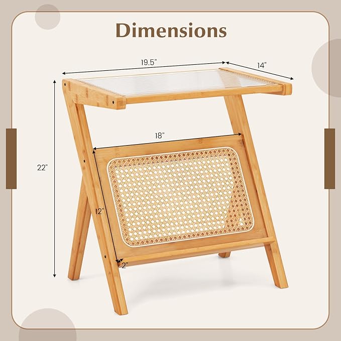 Giantex Rattan Side Table, Boho Nightstand with Glass Top & Magazine Rack, End Table with Storage, Bamboo Bedside Table for Small Space Living Room Bedroom (Natural,1)