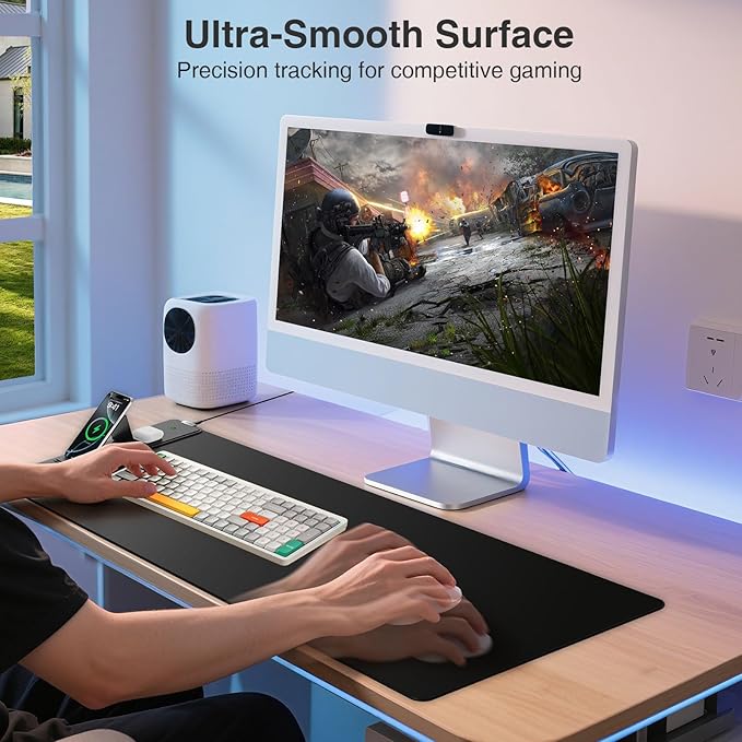 Wireless Charging Mouse Pad with Foldable Phone Holder, 31.5"x15.8" Extended Desk Mat for Laptop/Keyboard, Waterproof Ultra-Smooth Surface, Non-Slip Base & 20W PD Adapter, Black