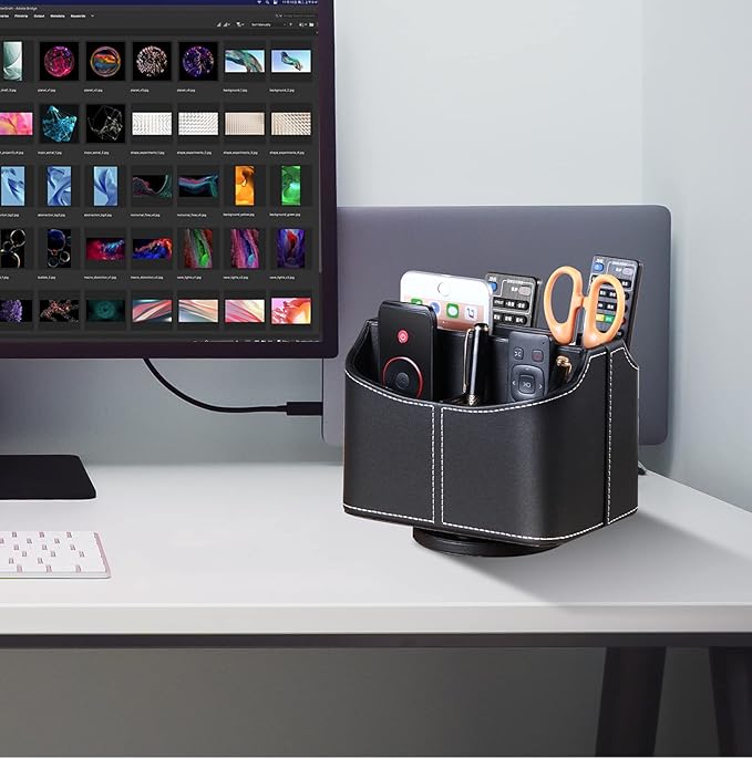 YAPISHI Leather Remote Control Holder, 360 Degree Spinning Desk TV Remote Caddy/Box,Bedside Table Organizer for Controller, Media, Mail, Calculator, Mobile Phone and Pen Storage